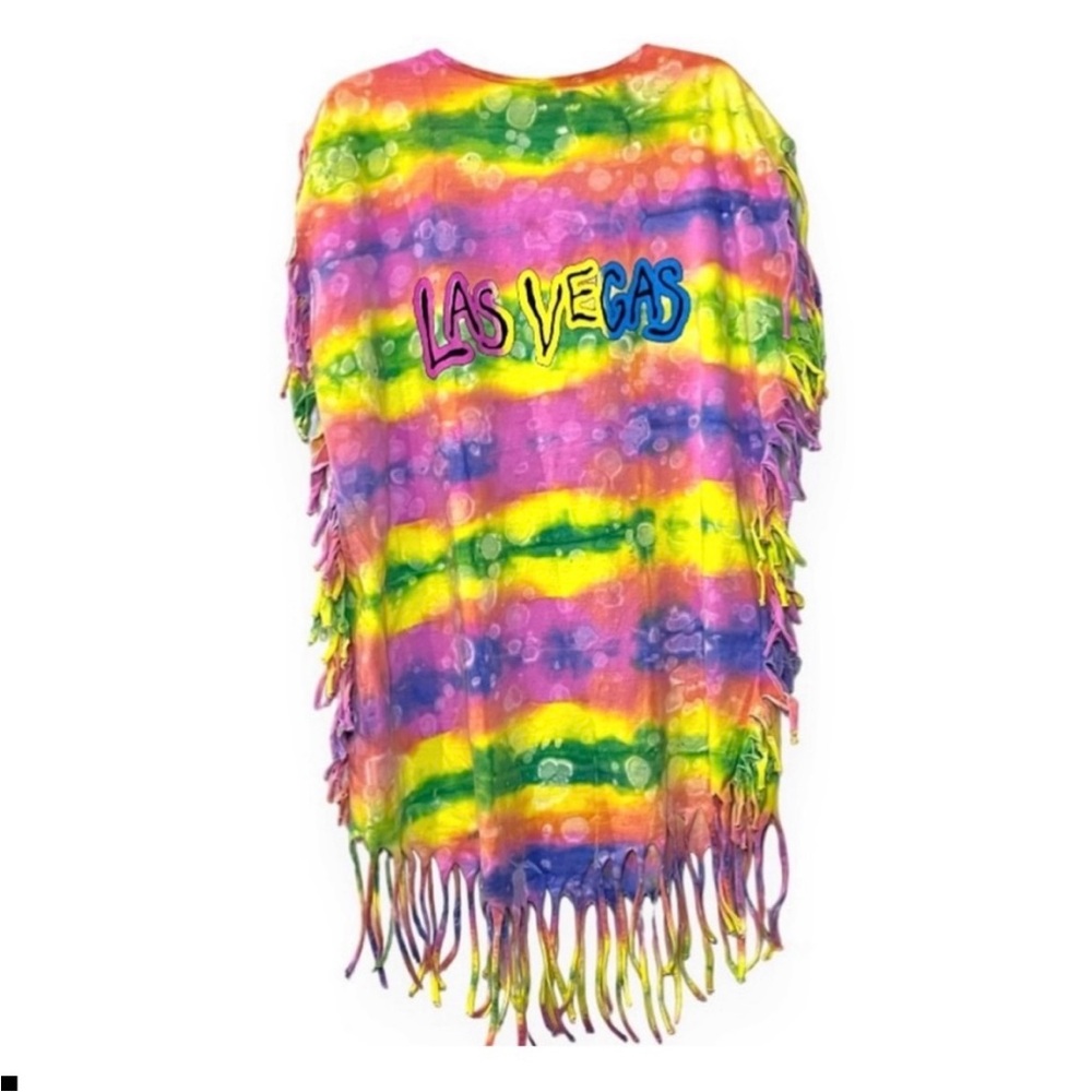 Vintage 80’s Rainbow Neon Fringe Tattered Boho Beach Dress